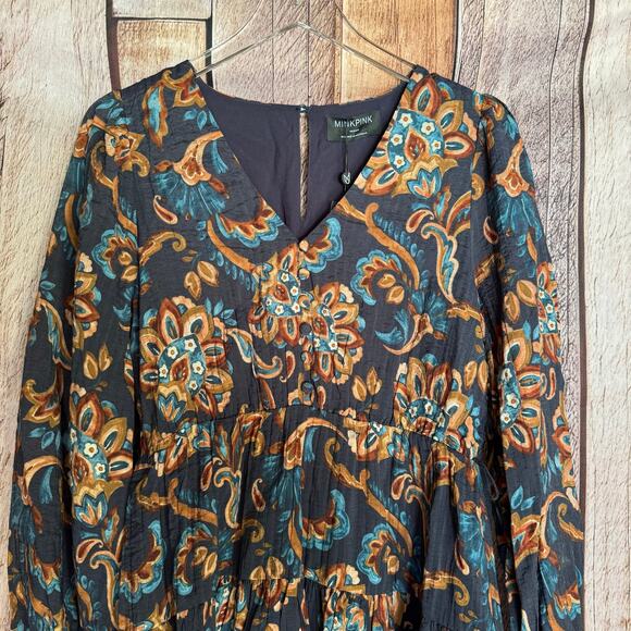 Minkpink Dress Whilla Tiered Mini Navy/Multi Paisley Babydoll Mini Medium NWT - Picture 3 of 9